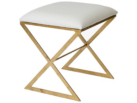 Worlds Away Gold Leather White Accent Stool
