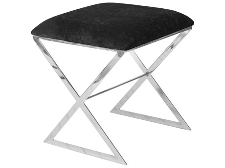 Worlds Away Black Upholstered Silver Accent Stool