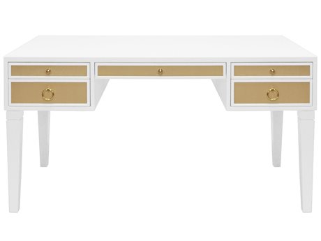 Worlds Away Matte White Grasscloth Brass Gold Secretary Desk