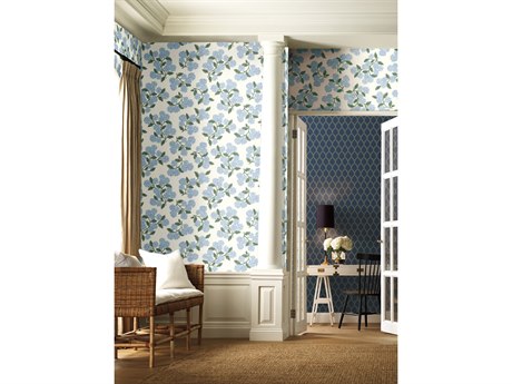 York Wallcoverings Blue / White Hydrangea Wallpaper