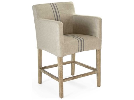 Zentique Avignon Upholstered Oak Wood Khaki Blue Stripe Counter Stool