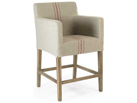 Zentique Avignon Upholstered Oak Wood Khaki Red Stripe Counter Stool