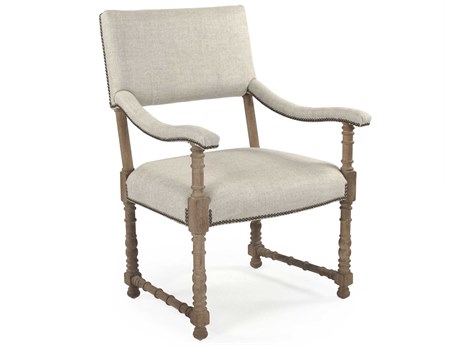Zentique Oak Wood Beige Upholstered Arm Dining Chair
