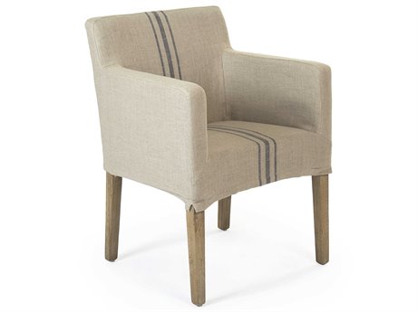Zentique Avignon Oak Wood Beige Upholstered Arm Dining Chair