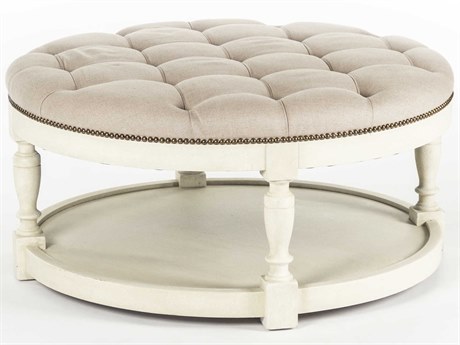 Zentique Distressed Ivory Cream Upholstered Ottoman