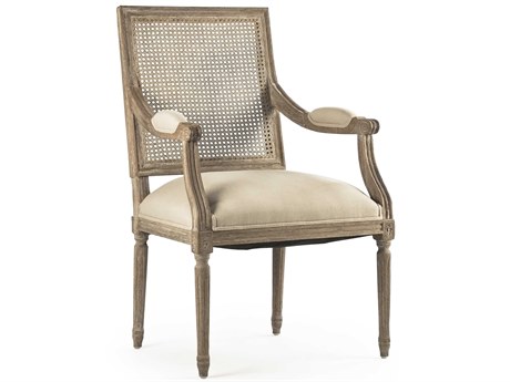 Zentique Louis Oak Wood Beige Upholstered Arm Dining Chair