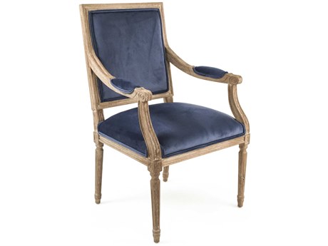 Zentique Louis Oak Wood Blue Upholstered Arm Dining Chair