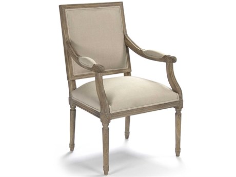 Zentique Louis Oak Wood Beige Upholstered Arm Dining Chair