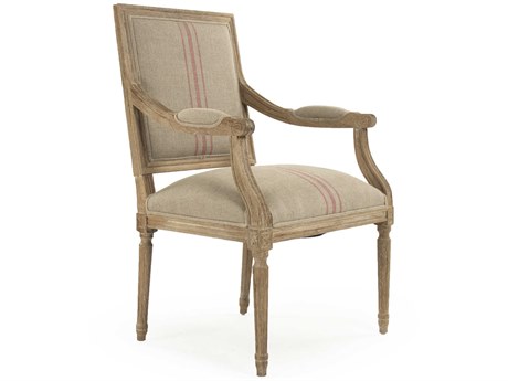 Zentique Louis Oak Wood Beige Upholstered Arm Dining Chair