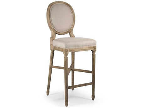 Zentique Medallion Upholstered Oak Wood Natural Linen Bar Stool