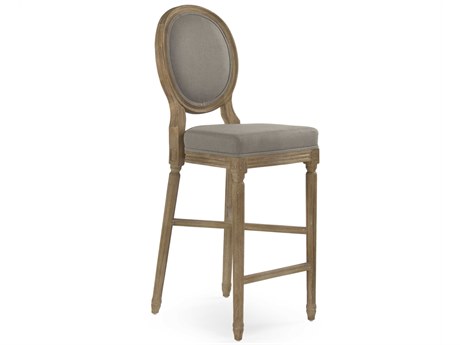 Zentique Medallion Upholstered Oak Wood Grey Linen Bar Stool