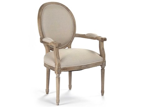 Zentique Medallion Oak Wood Beige Upholstered Arm Dining Chair